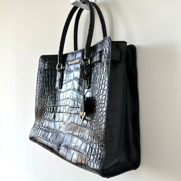 Michael Kors Black Croc Embossed Leather Dillon Tote Crossbody Shoulder Bag - Picture 9 of 15